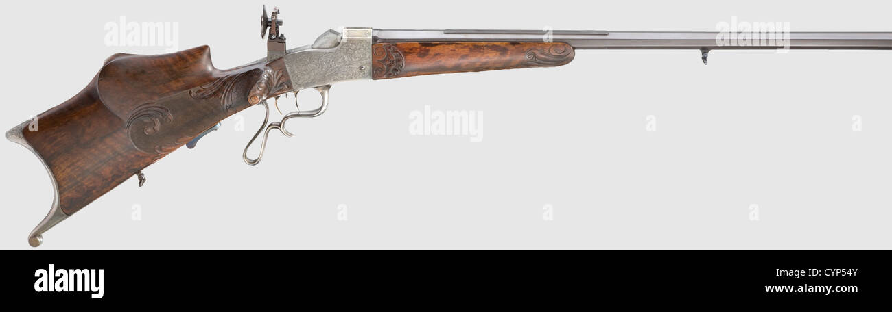 An infantry rifle mod. 1870,Roberts system rolling-block action with bayonet,originally made from an Austrian percussion rifle M 1854 Lorenz. 13.9 mm cal. ,no. 35842. Mirror-like,four-groove rifled bore,barrel length 86 cm. Spring sight scaled 4 - 9 paces(675 m)from M 1854/II rifle. Lock plate still with original designation '861' for the year 1861. Serbian arms on left-hand barrel root,on top stamped crown/'J'. Lock marked 'IIM',fittings stamped '88'. All metal parts except sight without finish. Matching-numbered beech wood stock with few wear marks,,Additional-Rights-Clearences-Not Available Stock Photo