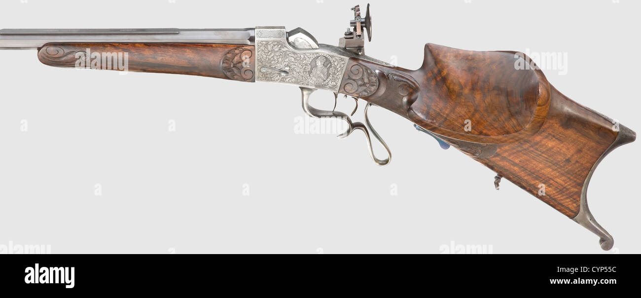 An infantry rifle mod. 1870,Roberts system rolling-block action with bayonet,originally made from an Austrian percussion rifle M 1854 Lorenz. 13.9 mm cal. ,no. 35842. Mirror-like,four-groove rifled bore,barrel length 86 cm. Spring sight scaled 4 - 9 paces(675 m)from M 1854/II rifle. Lock plate still with original designation '861' for the year 1861. Serbian arms on left-hand barrel root,on top stamped crown/'J'. Lock marked 'IIM',fittings stamped '88'. All metal parts except sight without finish. Matching-numbered beech wood stock with few wear marks,,Additional-Rights-Clearences-Not Available Stock Photo