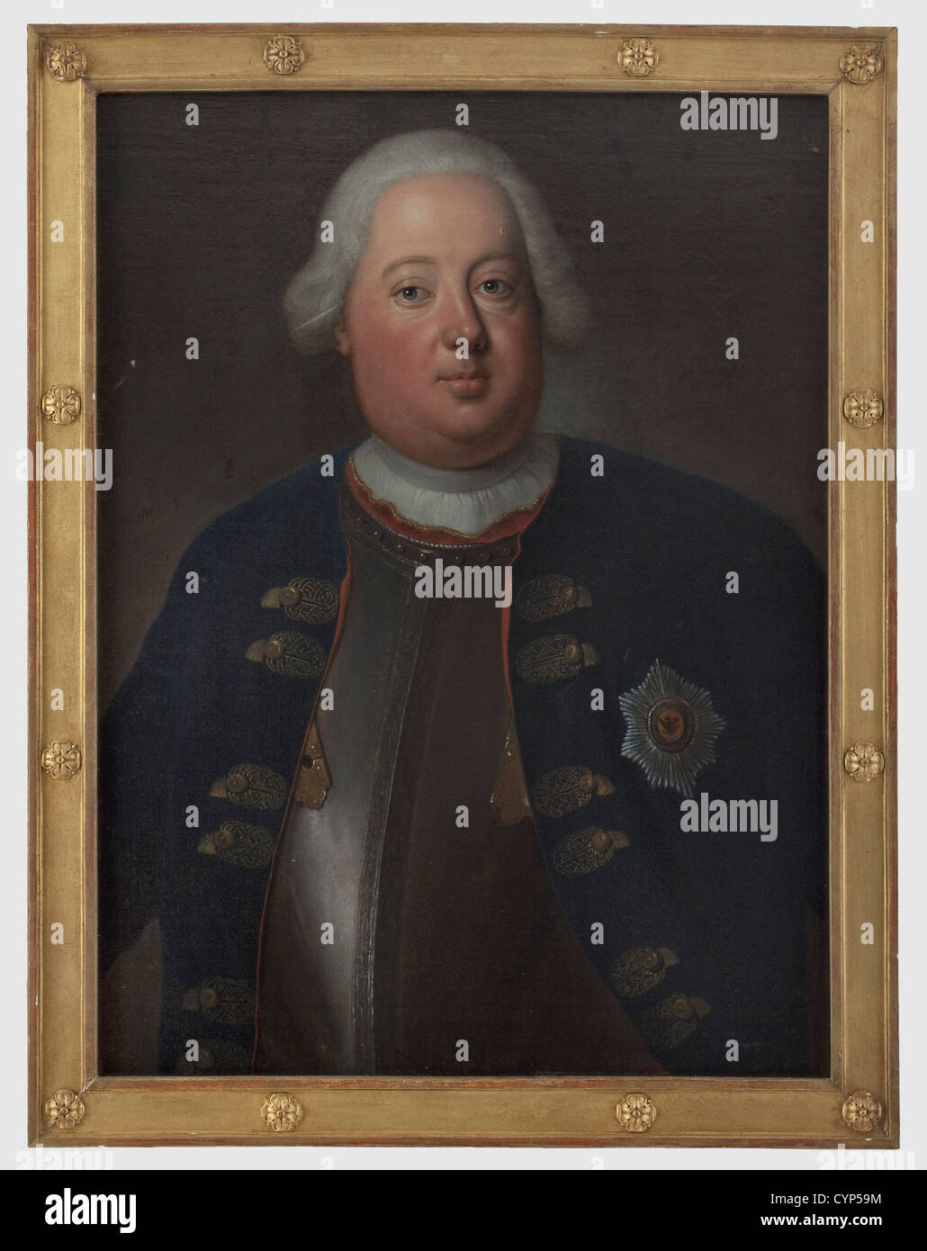 A King Frederick William I (1688 - 1740) - Portrait, Oil on canvas, picture dimensions 54 x 73 cm, unsigned. Small restored area on the temple. A high quality, newly framed half-length representation of the 'Soldier King' in the uniform of Grenadier Regiment Graf Kleist von Nollendorf (1. West Prussian) Nr. 6, with cuirass and the Star of the Order of the Black Eagle. A contemporary detail after the 1729 original by Antoine Pesne depicting the king in 1715 during the Siege of Stralsund, people, 18th century, Prussian, Prussia, German, Germany, militaria, milita, Stock Photo