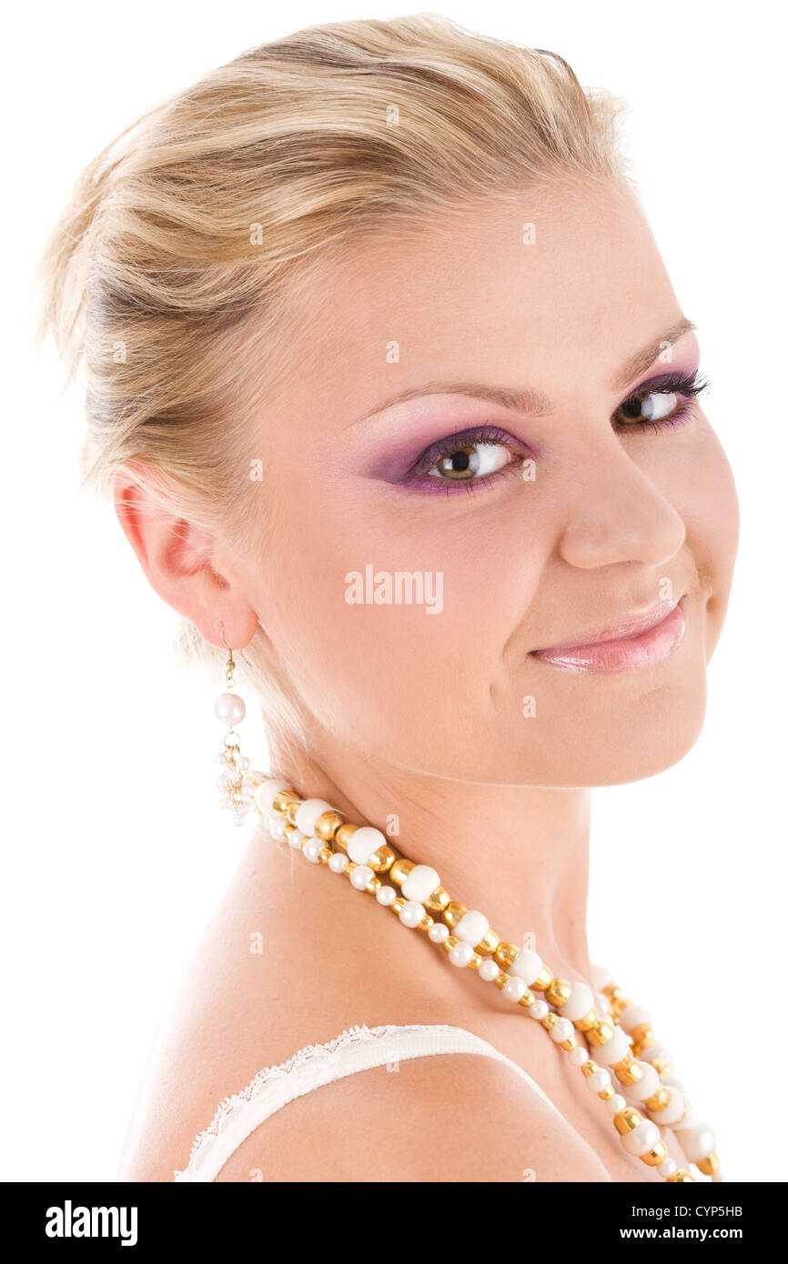 Portrait of a smiling woman on isolated white background Stock Photo ...