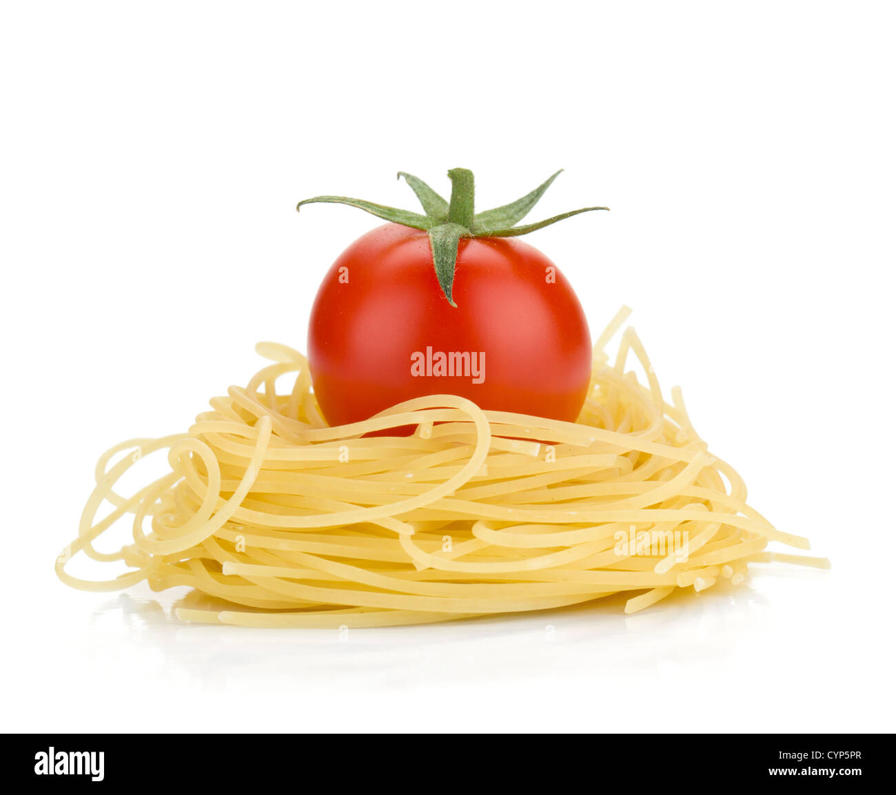 Italian pasta and cherry tomato. Isolated on white background Stock