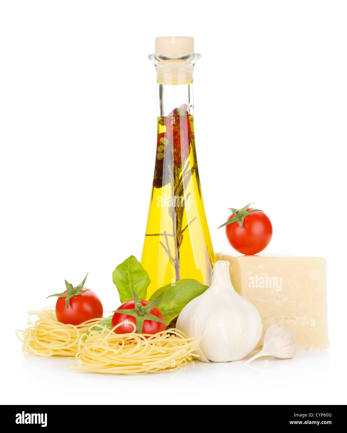 Pasta, tomatoes, basil, olive oil, garlic and parmesan cheese. Isolated