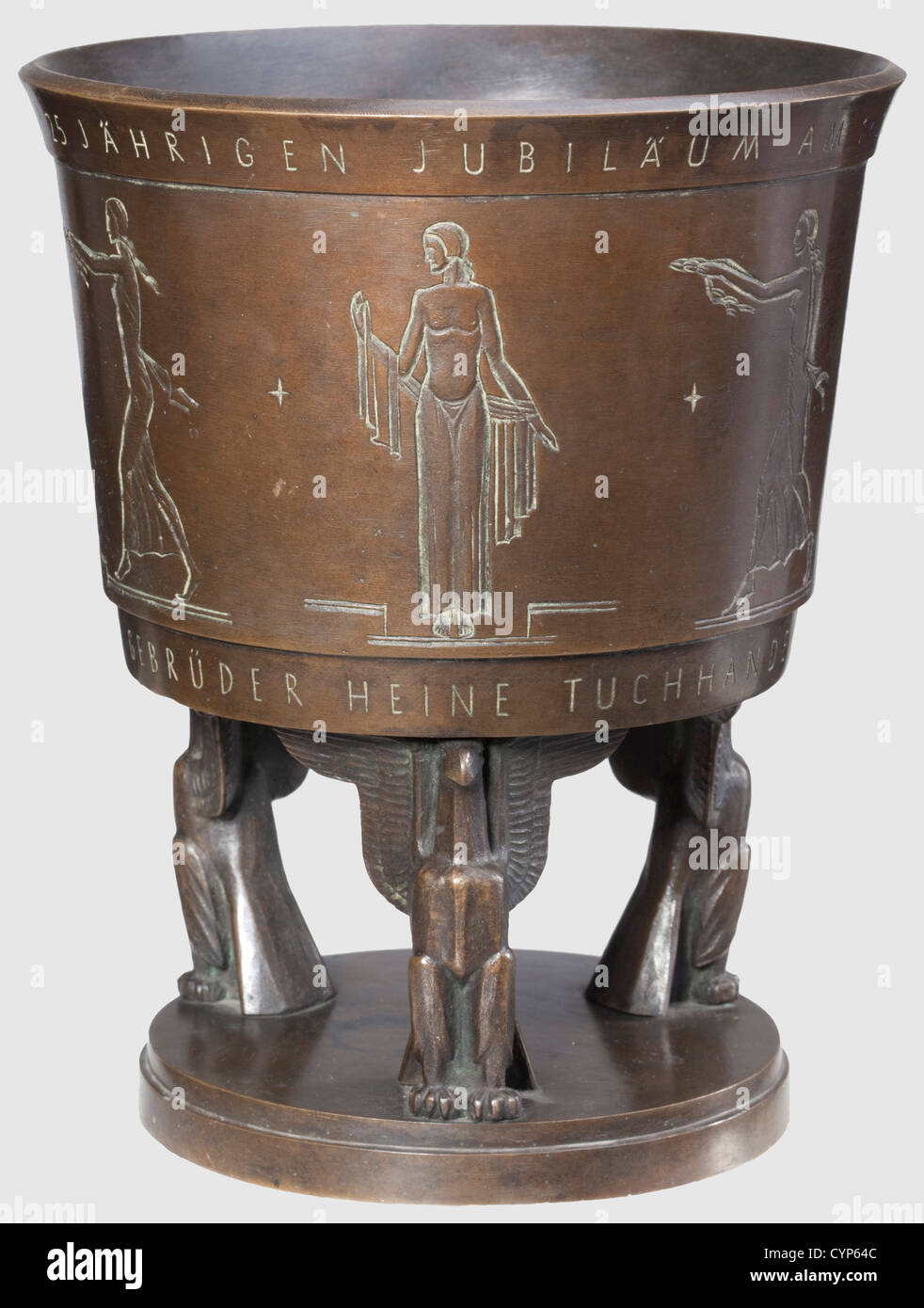 Bruno Eyermann(1888 - 1961)- a presentation bronze 1938,The bell shaped body decorated with antique mythological figures,signed 'Eyermann' and dedication inscription(transl.)'For Wilhelm Schlösser celebrating 25 years with Gebrüder Heine Tuchhandels-AG 1.12.1938 - from his colleagues'. The round base supported by eagle wings. Height 27.6 cm,weight 11.2 kg. Bruno Eyermann,sculptor,engraver and painter,studied at the Leipzig Academy,thereafter ibid. teacher in the department of engraving and chiselling,created amongst others the WW1 memorial in Altenb,Additional-Rights-Clearences-Not Available Stock Photo