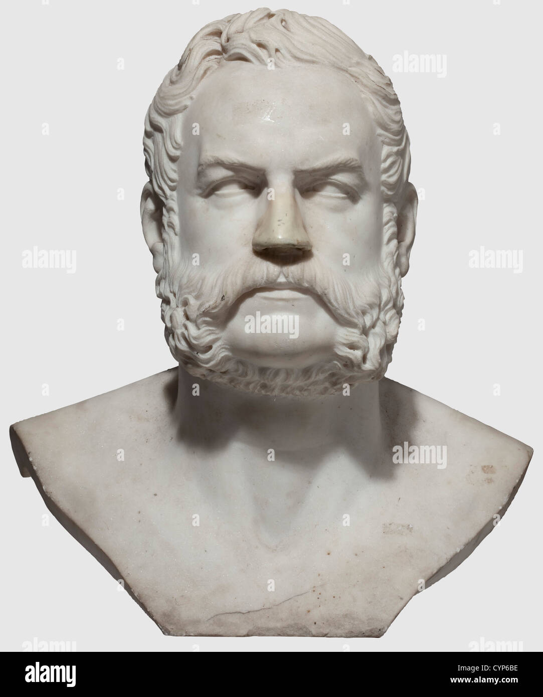 Vincenz Pilz(1816 - 1896)- a marble bust of an archduke,or another high standing person.White marble,worked in very great detail in an antique style.The nose damaged and remodelled,partially worn.The left shoulder section signed and dated 'V:Pilz.fec:1870'.Height ca.50 cm.Vincenz Pilz,famous Viennese sculptor,pupil of Bauer and Kässmann at the Vienna Academy,received an imperial grant to study in Rome under Pietro Tenerani between 1850 and 1854.He created numerous sculptures for public buildings in Vienna such as the statues for the facade of the,Additional-Rights-Clearences-Not Available Stock Photo