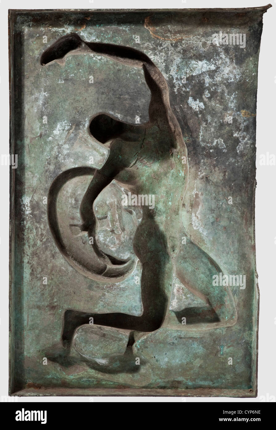 Arno Breker (1900 - 1991) - a relief in bronze 'Opfer' (victim), 1940, At the lower right signed 'Arno Breker', at the base workshop's signature 'Alexis Rudier Fondeur Paris', dark green, slightly spotted patina, the base with damage on the left side (67 cm are missing), the tip of the nose sli historic, historical, people, 1930s, 20th century, fine arts, art, NS, National Socialism, Nazism, Third Reich, German Reich, Germany, National Socialist, Nazi, Nazi period, object, objects, stills, clipping, clippings, cut out, cut-out, cut-outs, Additional-Rights-Clearences-Not Available Stock Photo