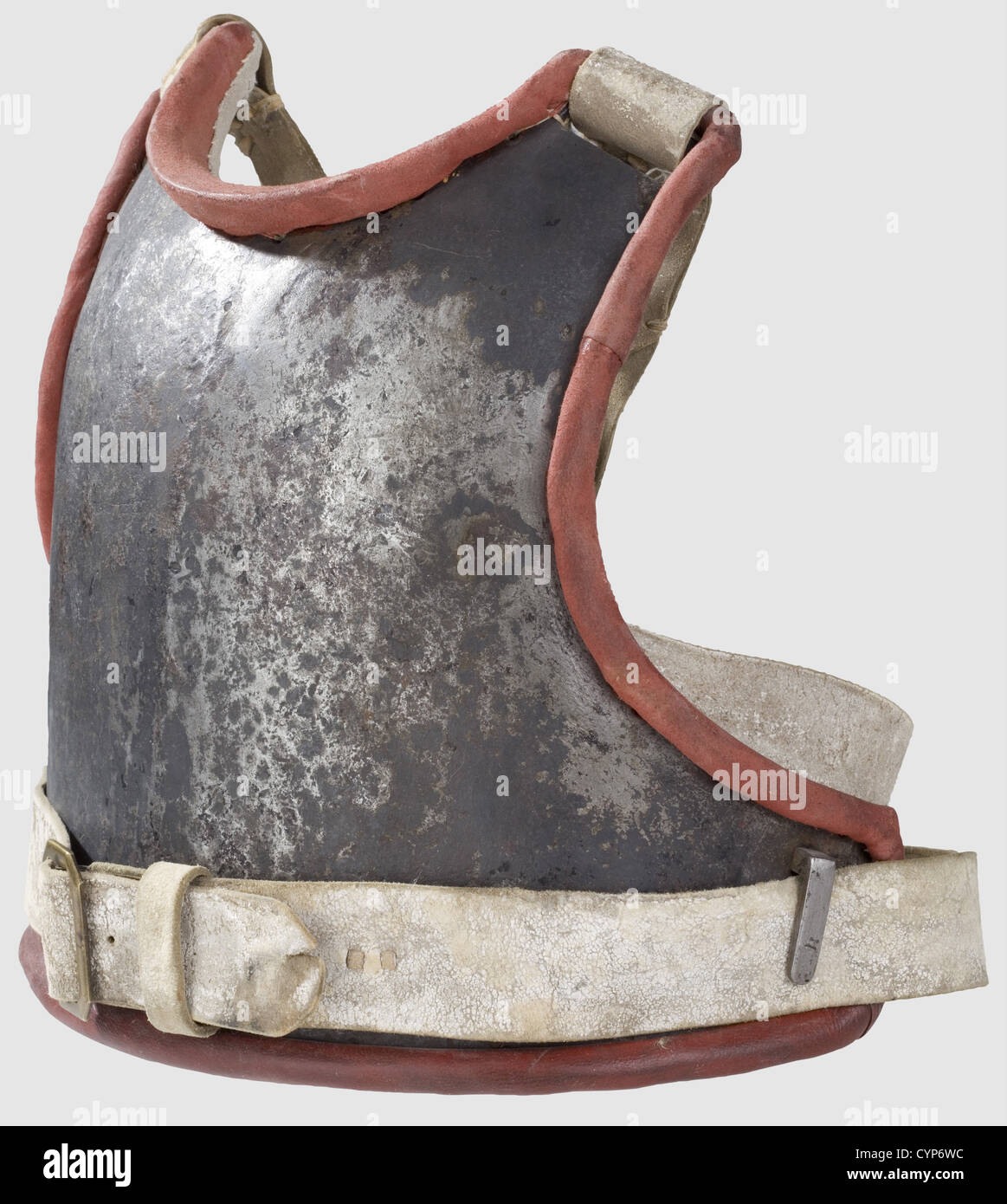 A model 1715 cuirass for enlisted men,Slightly ridged,hammered iron breastplate,lateral iron strap hooks.Only fragments of the original black paint remain.Renewed straps,using old material from the Kassel theatre properties,new red leather border-trim and linen liner,the inside lower edge with Nuremberg maker's marks(shield with 'W.K.& S.1,18').Weight 2,320 g.This cuirass comes from an order of 9,000 pieces commisioned by Frederick William I in 1715,originally with a leather liner.It presumably entered the collection of G.Petschke as part of a 19,Additional-Rights-Clearences-Not Available Stock Photo