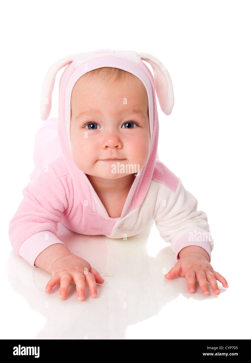 six month baby wearing bunny suit isolated on white Stock Photo Alamy
