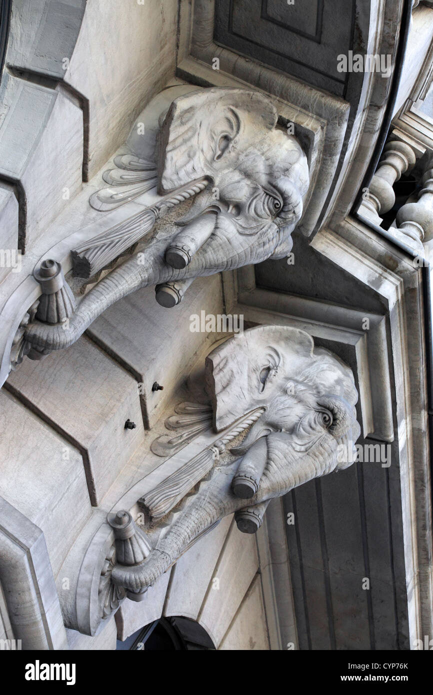 Elephants carved into masonry, building Madrid, Spain Stock Photo