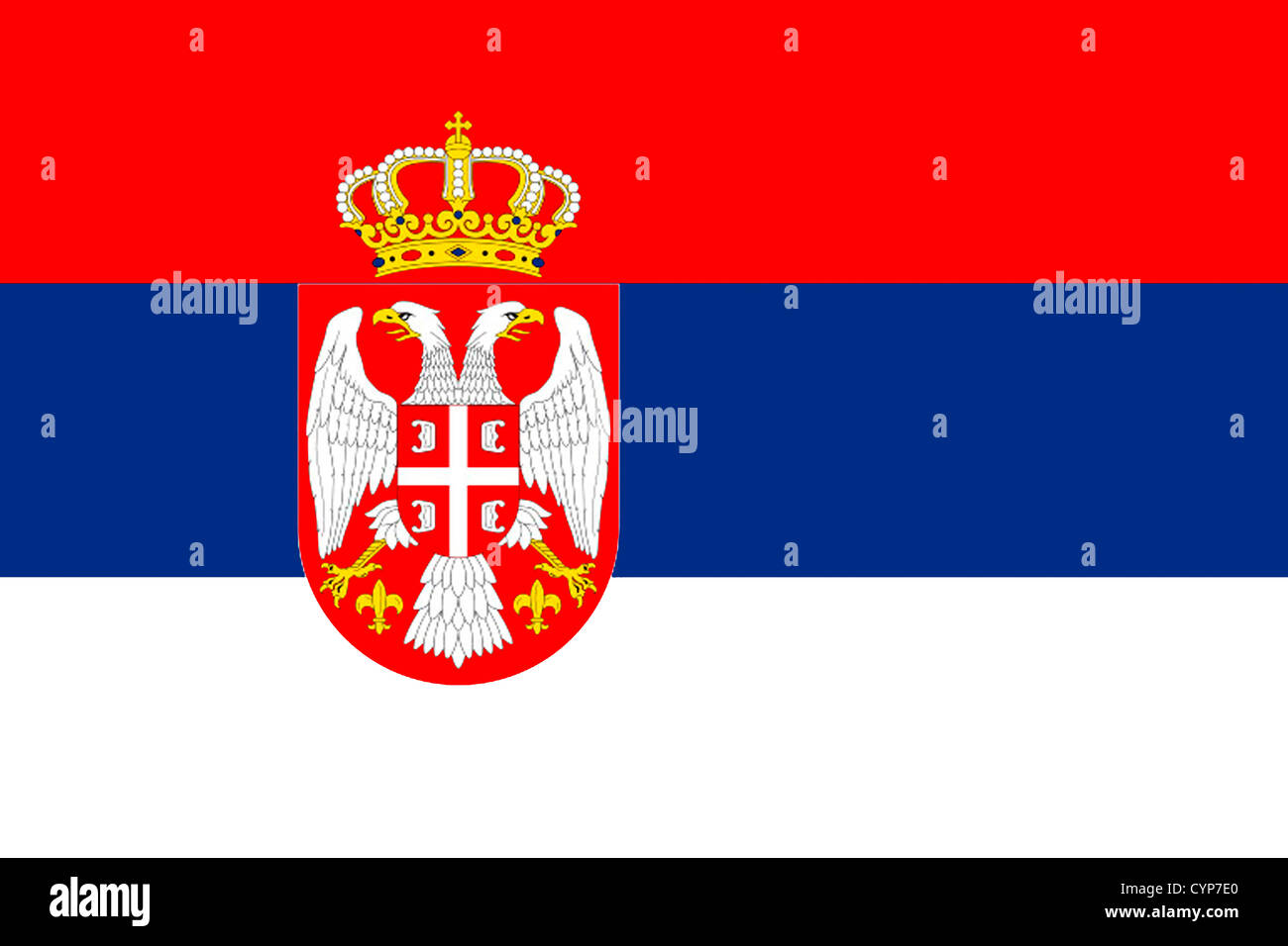 Flag of the Republic of Serbia with the national coat of arms. Stock Photo