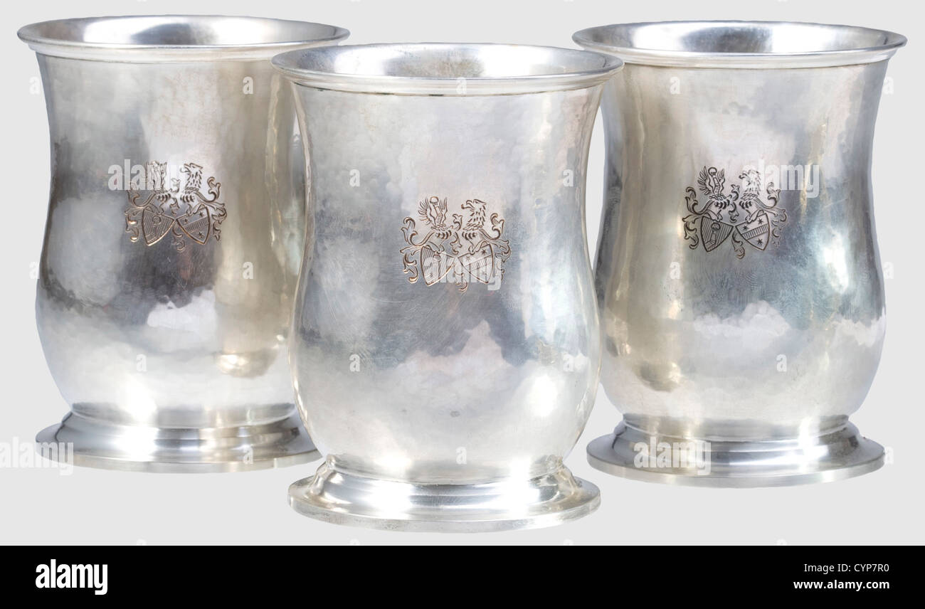 Hermann and Emmy Göring - three silver beakers, as previous. Height 8.8 cm each, weights between 90 and 92 g, historic, historical, 1930s, 1930s, 20th century, NS, National Socialism, Nazism, Third Reich, German Reich, Germany, German, National Socialist, Nazi, Nazi period, fascism, vessel, vessels, object, objects, stills, clipping, clippings, cut out, cut-out, cut-outs, Additional-Rights-Clearences-Not Available Stock Photo