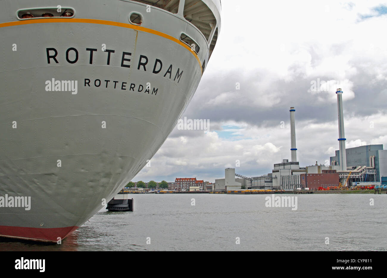 Stern of floating hotel SS Rotterdam, former ship of Holland America Line, Maashaven docks, Katendrecht, Rotterdam, Holland Stock Photo