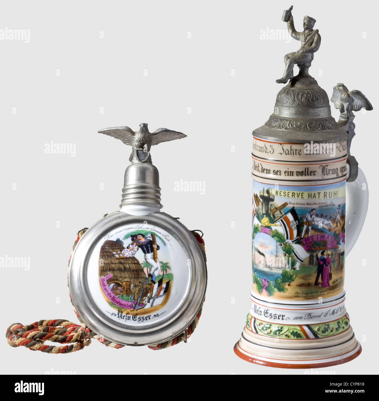The German Reich - S.M.S.'Cormoran',A porcelain jug and a bottle of the reservist Esser,1909/12.Jug with lithograph/hand-made paintings with a depiction of the cruise ship on the front,celebrating marines and greeting scene.Inscription 'Resv.Esser an Bord S.M.S.Cormoran.1909/12'(reservist Esser aboard of the S.M.S.Cormoran.1909/12).On the bottom lithophane picture showing the farewell of a marine.Pewter lid(slightly dented at the reverse edge)showing drinking marines and with a rising eagle on the thumb lever.Height 31 cm.With it the matching ,Additional-Rights-Clearences-Not Available Stock Photo