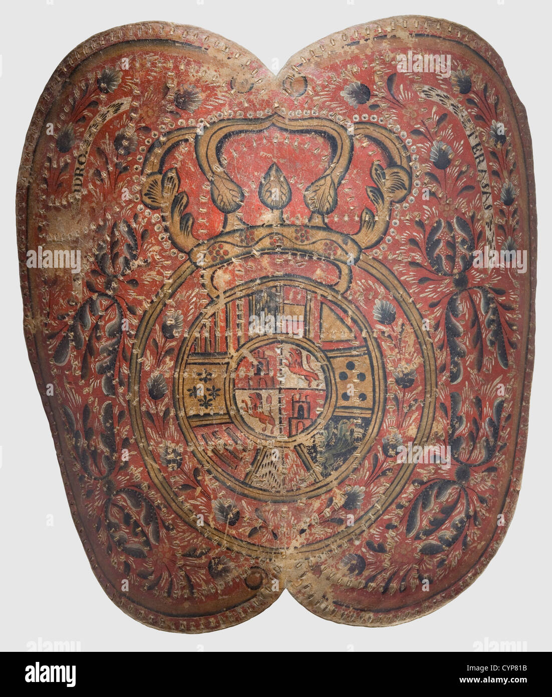 A Spanish painted leather shield,18th century. Domed shield made of