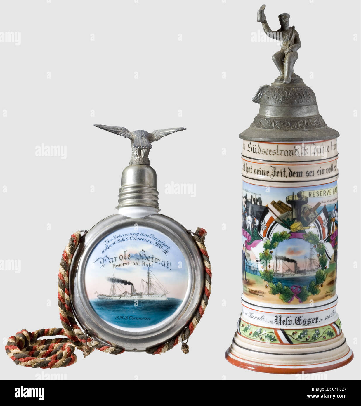 The German Reich - S.M.S.'Cormoran',A porcelain jug and a bottle of the reservist Esser,1909/12.Jug with lithograph/hand-made paintings with a depiction of the cruise ship on the front,celebrating marines and greeting scene.Inscription 'Resv.Esser an Bord S.M.S.Cormoran.1909/12'(reservist Esser aboard of the S.M.S.Cormoran.1909/12).On the bottom lithophane picture showing the farewell of a marine.Pewter lid(slightly dented at the reverse edge)showing drinking marines and with a rising eagle on the thumb lever.Height 31 cm.With it the matching ,Additional-Rights-Clearences-Not Available Stock Photo