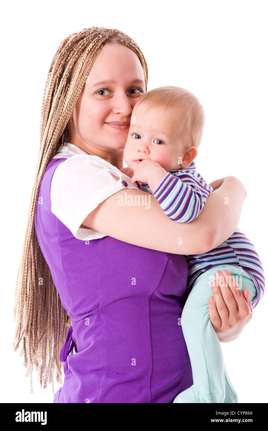 Happy Mother holding half year baby isolated on white Stock Photo