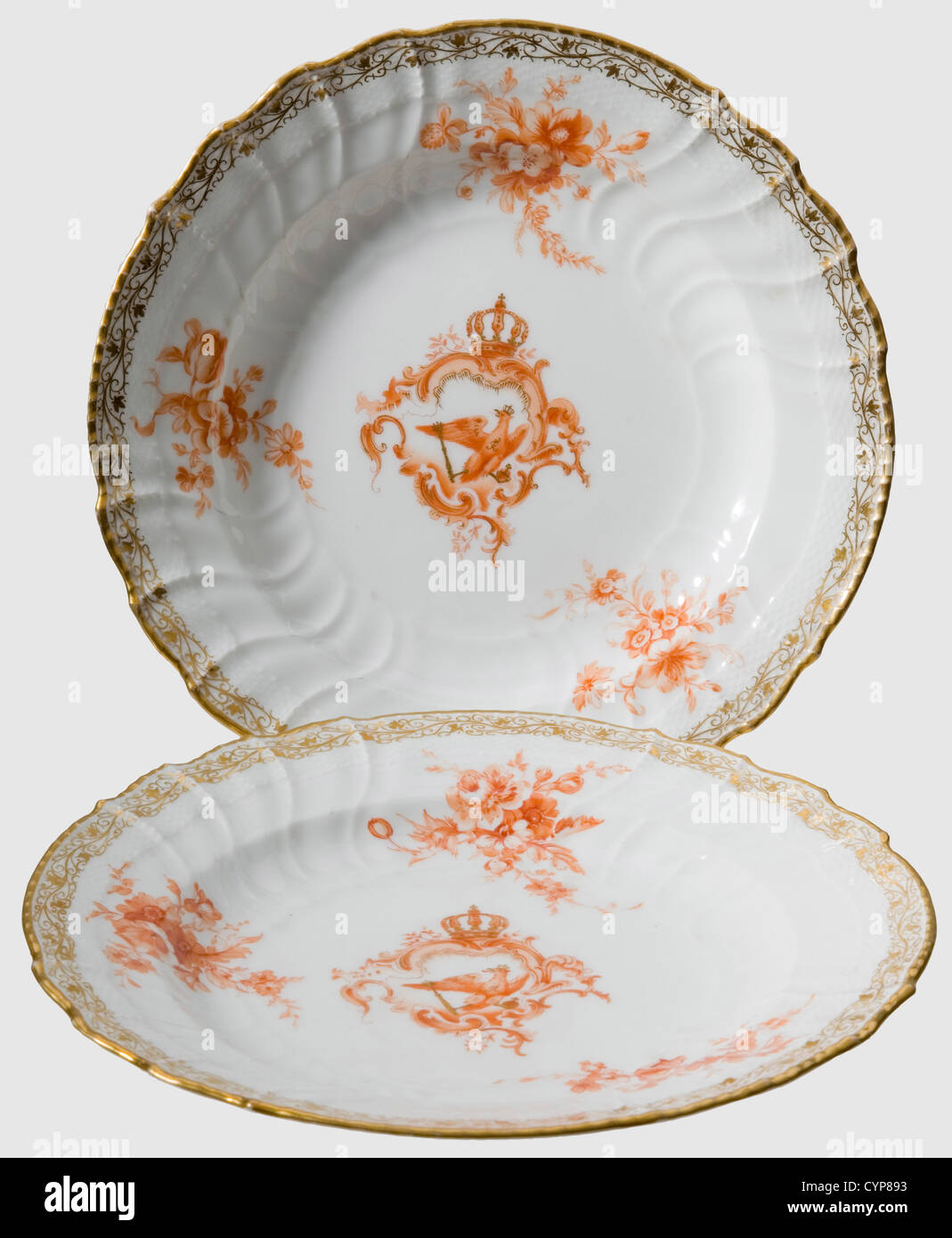 Kaiser Wilhelm II - two Neuosier KPM plates,from the royal table service.  White,glazed porcelain with colcothar decoration and a golden vine leaves  border. In the centre the Prussian eagle with the gilt