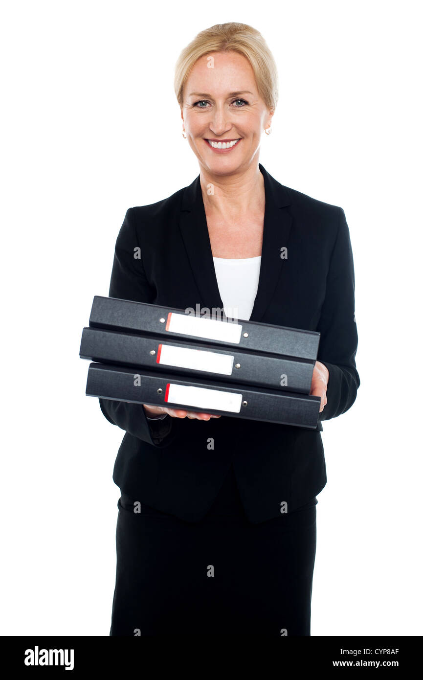 Happy woman looking at files hi-res stock photography and images - Alamy