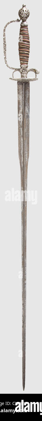 A French silver-hilted small sword, circa 1720. Slender, colichemarde blade of triangular section. Openwork silver hilt with floral decoration in relief. Original grip wrapping of silver and copper wire. Length 99.5 cm. Provenance: Christensen collection, Denmark, historic, historical, 18th century, sword, swords, weapons, arms, weapon, arm, fighting device, military, militaria, object, objects, stills, clipping, clippings, cut out, cut-out, cut-outs, melee weapon, melee weapons, metal, Additional-Rights-Clearences-Not Available Stock Photo