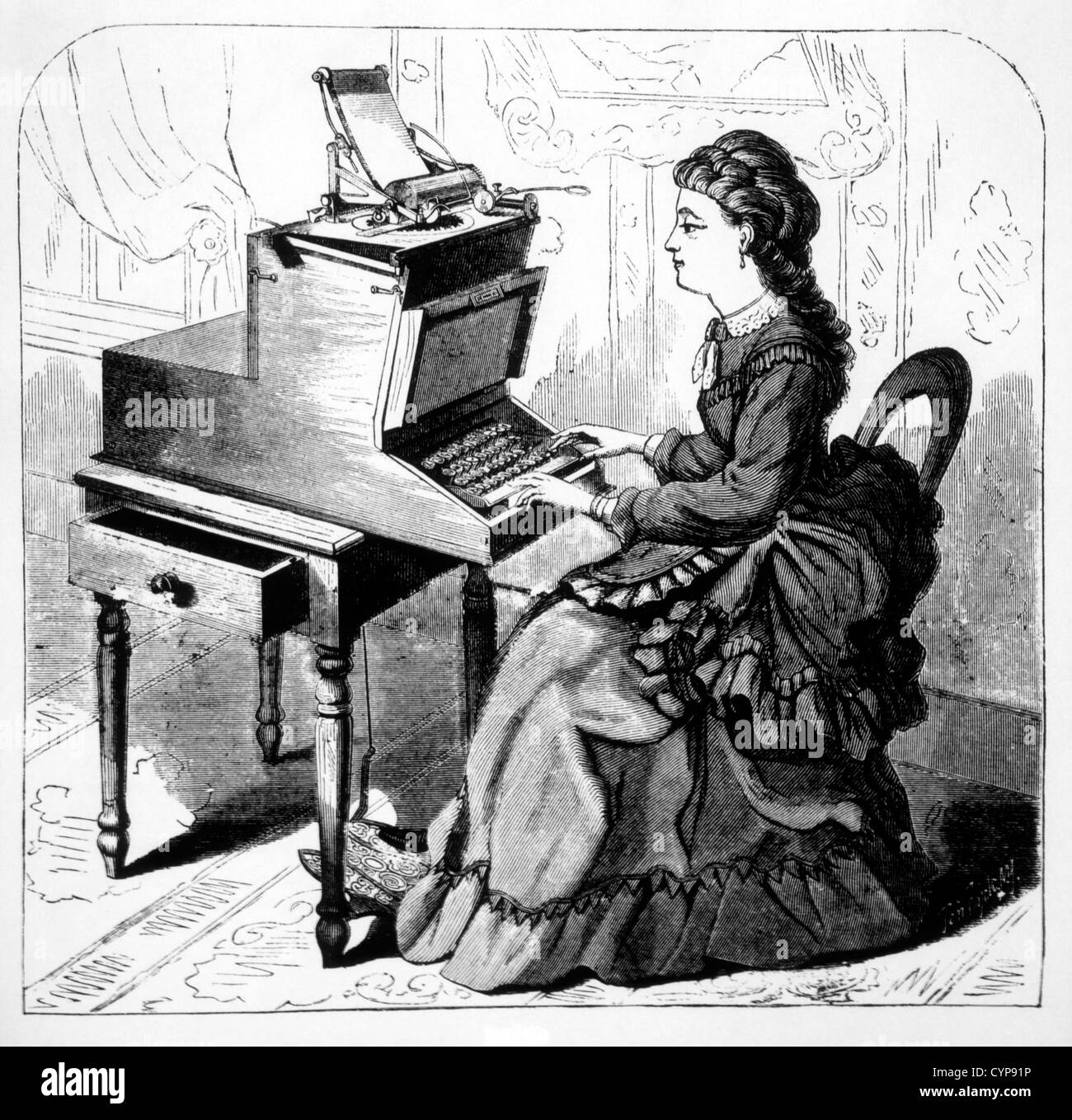 Woman Using Typewriter, Engraving, 1878 Stock Photo
