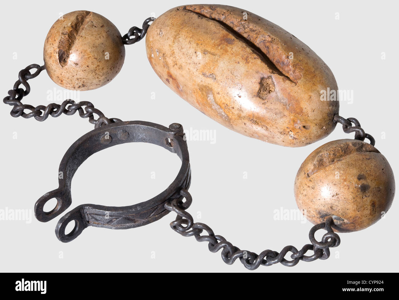 A neck ring with stone weights shaped like loaves of bread,16th/17th century. The 'bread loaves' of light limestone,connected to each other and to a hinged neck ring by wrought iron chain links. Size of the loaves varying between 11,11.5 and 28 cm. Bakers,who did not fulfil the city magistrate's requirements regarding the weight and quality of their goods,were sentenced to wear such chains in public,historic,historical,,17th century,16th century,instrument of torture,torture device,instruments of torture,torture devices,object,objects,stills,cl,Additional-Rights-Clearences-Not Available Stock Photo