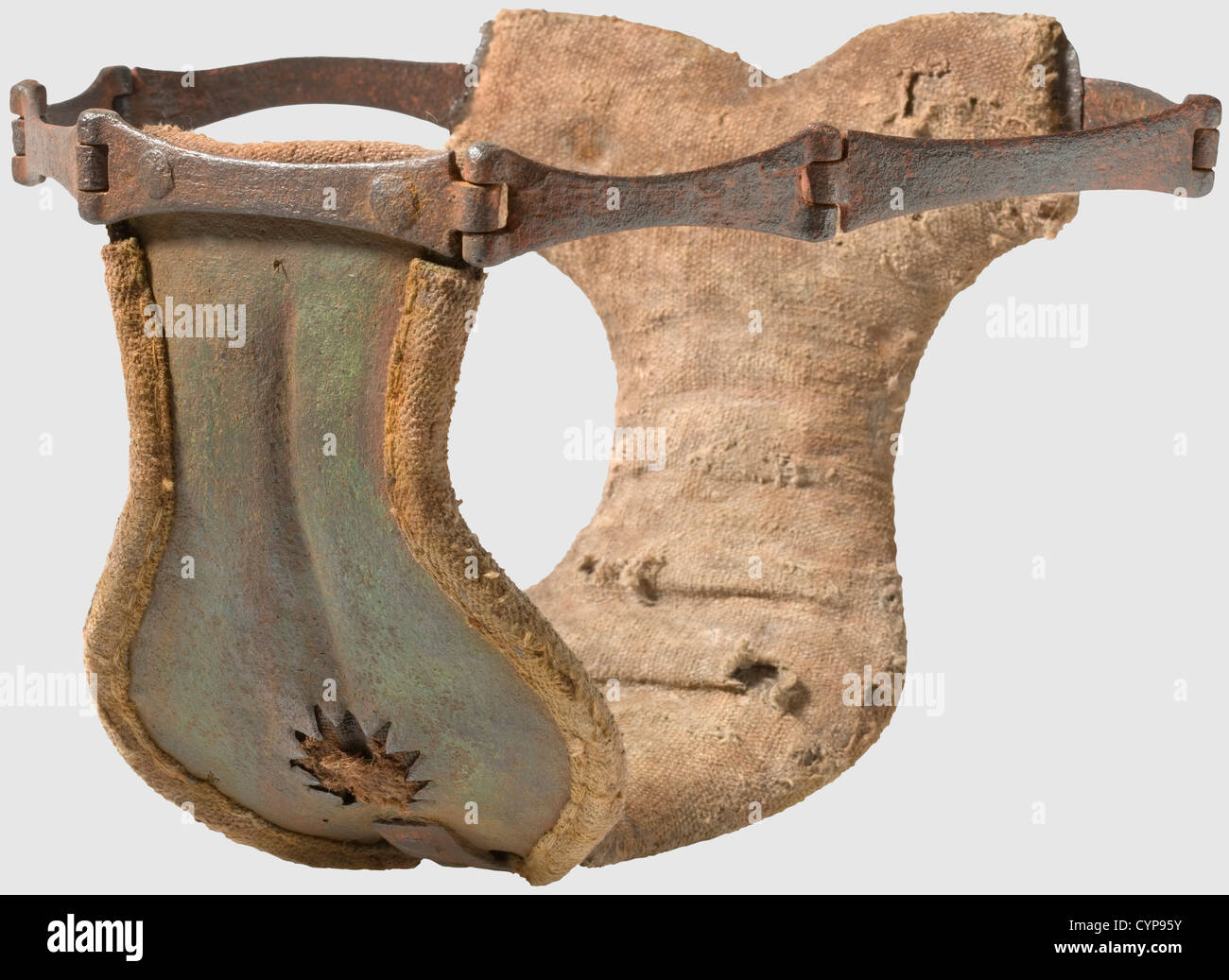 A chastity belt,German,17th/18th century.Iron belt with an ergonomically  shaped front and back with serrated openings at the vagina and at the anus  and with heart-shaped piercings.Both parts connected with hinged clasps.The  lining