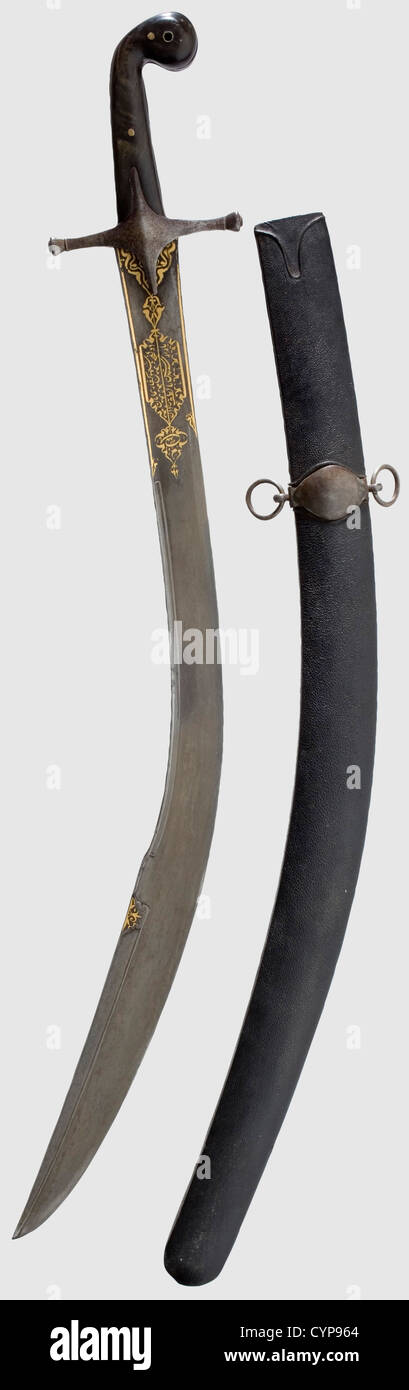 An Ottoman Gold Inlaid Kilij Circa 1800 Beautifully Grained Wootz Damascus Blade With A Broadened Double Edged Point The Back Cut And Also Inlaid In Gold Both Sides Display Gold Inlaid Cartouches With Inscription In Arabic In The Name Of