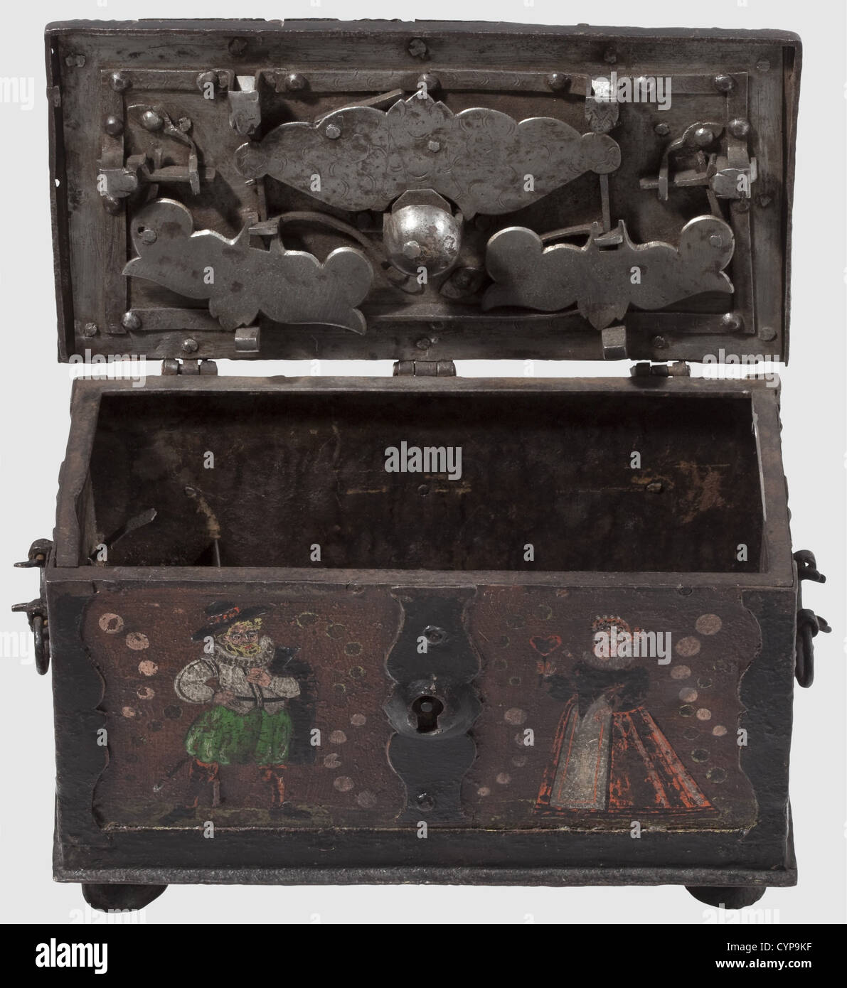 An iron casket,Nuremberg,ca.1620.Rectangular casket with a hinged lid.On the lid a covered keyhole.On the interior of the lid a lock mechanism with four latches and partially engraved cover plates.The key a replacement.Separate interior compartment with spring-loaded closing mechanism.The front side bearing a false lock,the sides with movable handles.Four flattened ball feet.Red and black colour coating,the front side decorated with a standing couple dressed in contemporary costumes.Size 16 x 26 x 14 cm,historic,historical,,17th century,handic,Additional-Rights-Clearences-Not Available Stock Photo