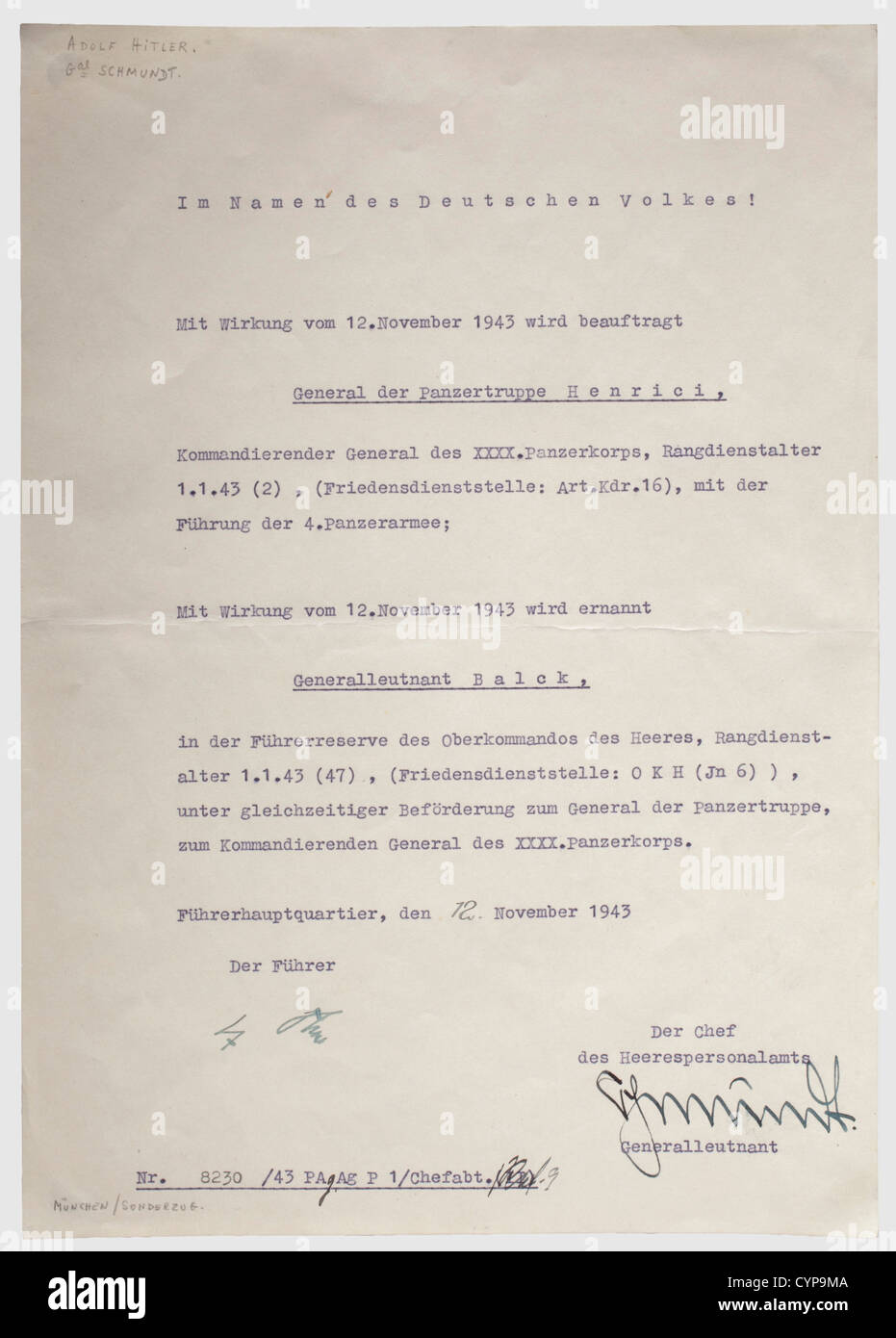 Generals of Panzer Troops Sigfrid Henrici and Hermann Balck,Joint appointment document dated 12 November 1943 with original ink signatures of Adolf Hitler and Rudolf Schmundt. Sigfrid Henrici's appointment is to the command of 4th Panzer Army,Balck is to succeed Henrici in command of 40th Panzer Corps. Single folded. Sigfrid Henrici(1889 - 1964)commanded 16th Infantry Division(mot)at the onset of the Russian campaign and was awarded the Knight's Cross on 13 October 1941 for the division's successes historic,historical,1930s,20th century,armoured corps,Additional-Rights-Clearences-Not Available Stock Photo