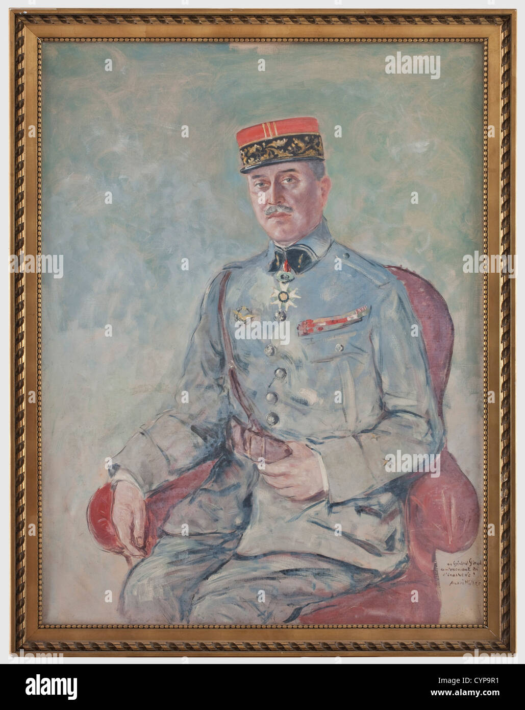 Général Adolphe Girod - a portrait painting by André Müller, Oil on linen with a stretcher frame, signed 'André Müller' at the lower right with the dedication 'en m'excusant de l'inachevé' (an apology for not completing the painting). Adolphe Girod sits in a general's uniform with a kepi, he wears the cross of a Commander of the Legion of Honour, a pilot's badge and a field orders clasp as well as a leather waist belt with shoulder straps. Framed dimensions 127.5 x 100 cm, painting 116.5 x 89 cm. In need of restoration, people, 20th century, troop, troops, arme, Stock Photo