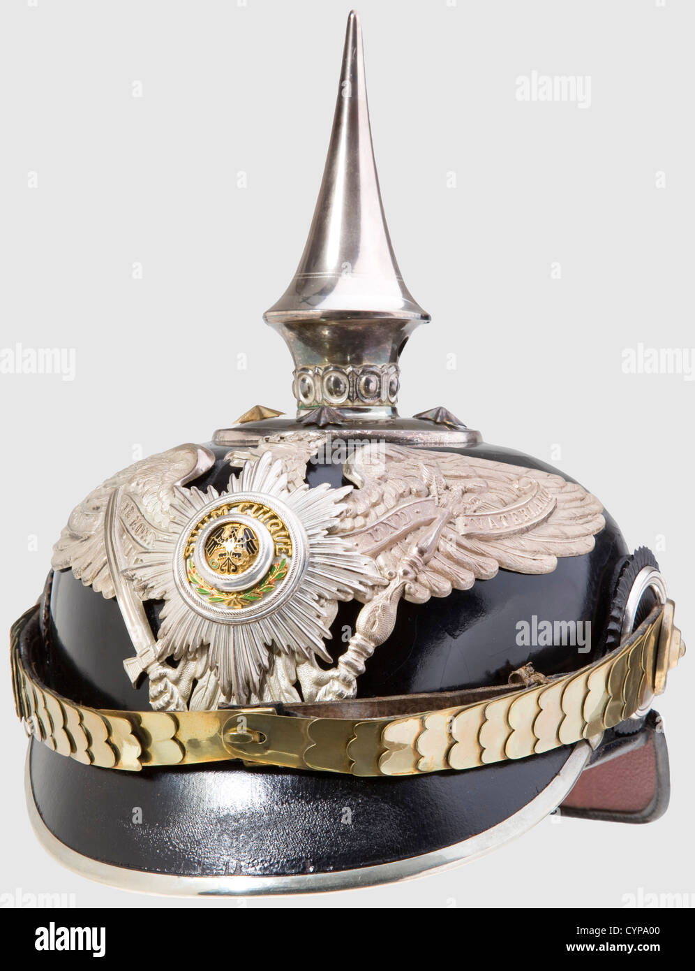 A helmet for officers,of the 5th Foot Guard Regiment in Spandau or the Guard Fusilier Regiment in Berlin,in the style of wear from 1897 with both cockades. Heavily vaulted,frosted silver guard eagle with applied enamel star of the Order of the Black Eagle,smooth screw-on spike on circular plate affixed with star screws. Flat,yellow chinscales on rosettes with two cockades,silver visor edging and rear rail,green ribbed silk liner,brown leather sweat band. The visor liner is green in front,red in back. Hairline lacquer cracks,overall a well-preserved,e,Additional-Rights-Clearences-Not Available Stock Photo