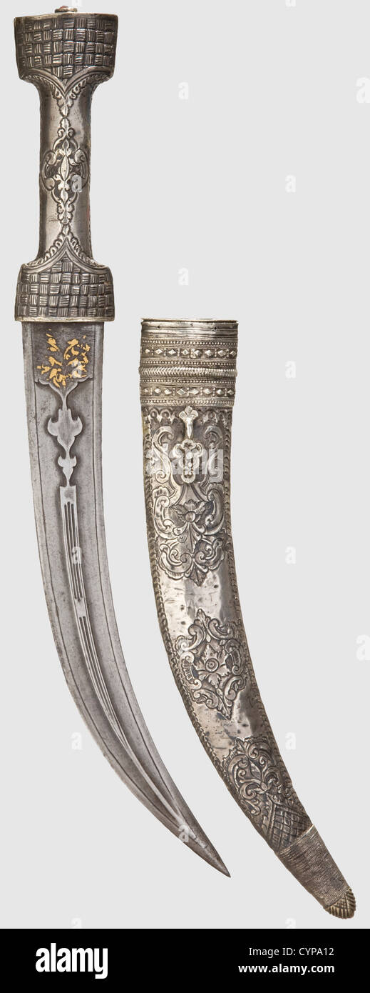 An Ottoman silvermounted karud,18th century. Doubleedged curved wootz
