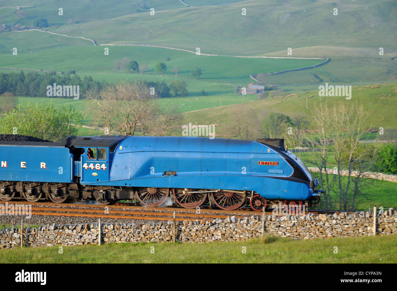 A4 Gresley Pacific locomotive Bittern passing south of Kirkby Stephen on the Settle to Carlisle line. Stock Photo