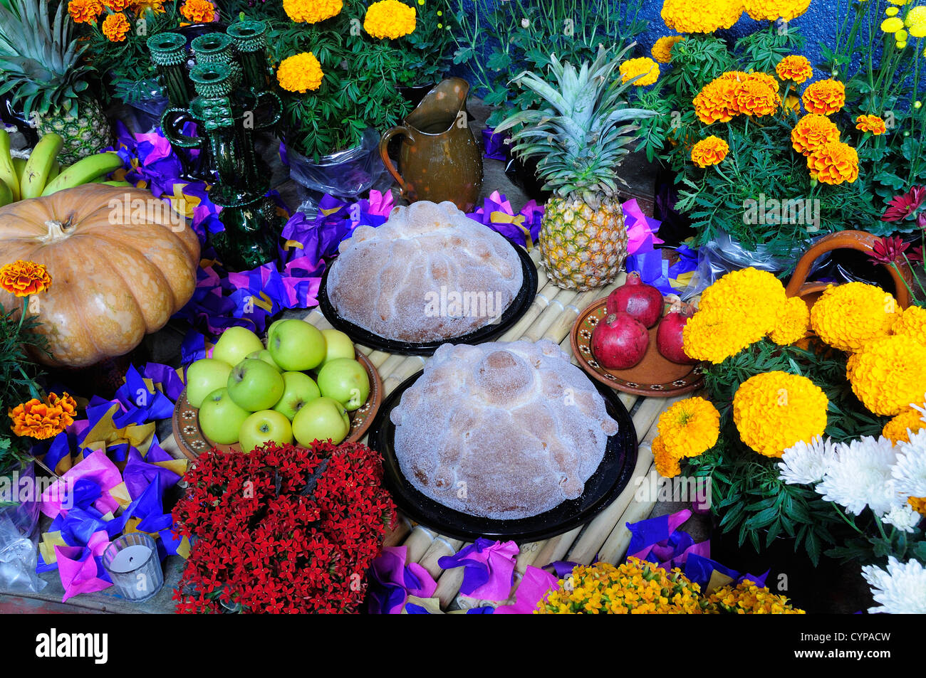 Mexico, Michoacan, Patzcuaro, Altar with display of food and flowers