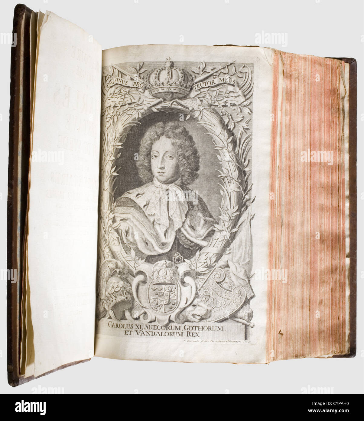 Hermann Göring - 'Histoire du Regne de Charles Gustave Roy de Svede',from his private library.Baron Saumel de Pufendorf,Christophle Riegel par Knorz Imprimeur,Nuremberg 1697.752 pages with 51 double-page copper etchings and twelve portraits,35 pages appendix and nine pages index,two loose pages,slightly yellowed and stained,some copper-etchings are missing.Old leather binding of later date with gold-embossed and titled spine.On the inside of the front cover is an early version of Hermann Göring's bookplate from the 1920s bearing his family's coat of ,Additional-Rights-Clearences-Not Available Stock Photo