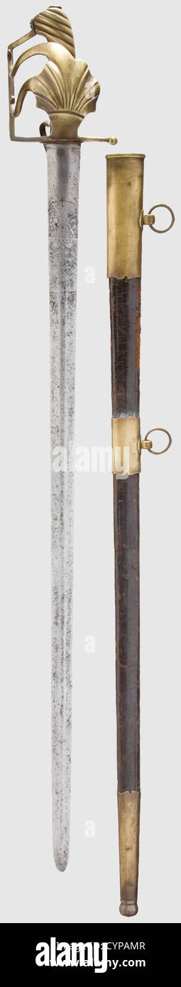 A broadsword of the heavy Würzburg-Cavalry,during the reign of Franz Ludwig of Erthals(1779 - 1795).Sturdy,double-edged blade of flattened diamond section.A coat of arms with prince's crown etched on the forte on both sides.Brass knuckle-bow hilt with shell-shaped guard and grooved brass grip.Thumb ring bent and broken on one side.Black leather scabbard with brass fittings and two movable suspension rings.Length 100 cm.Franz Ludwig of Erthal(1730 - 1795)ruled in personal union the prince-bishoprics of Würzburg and Bamberg from 1779 till 1795,histor,Additional-Rights-Clearences-Not Available Stock Photo