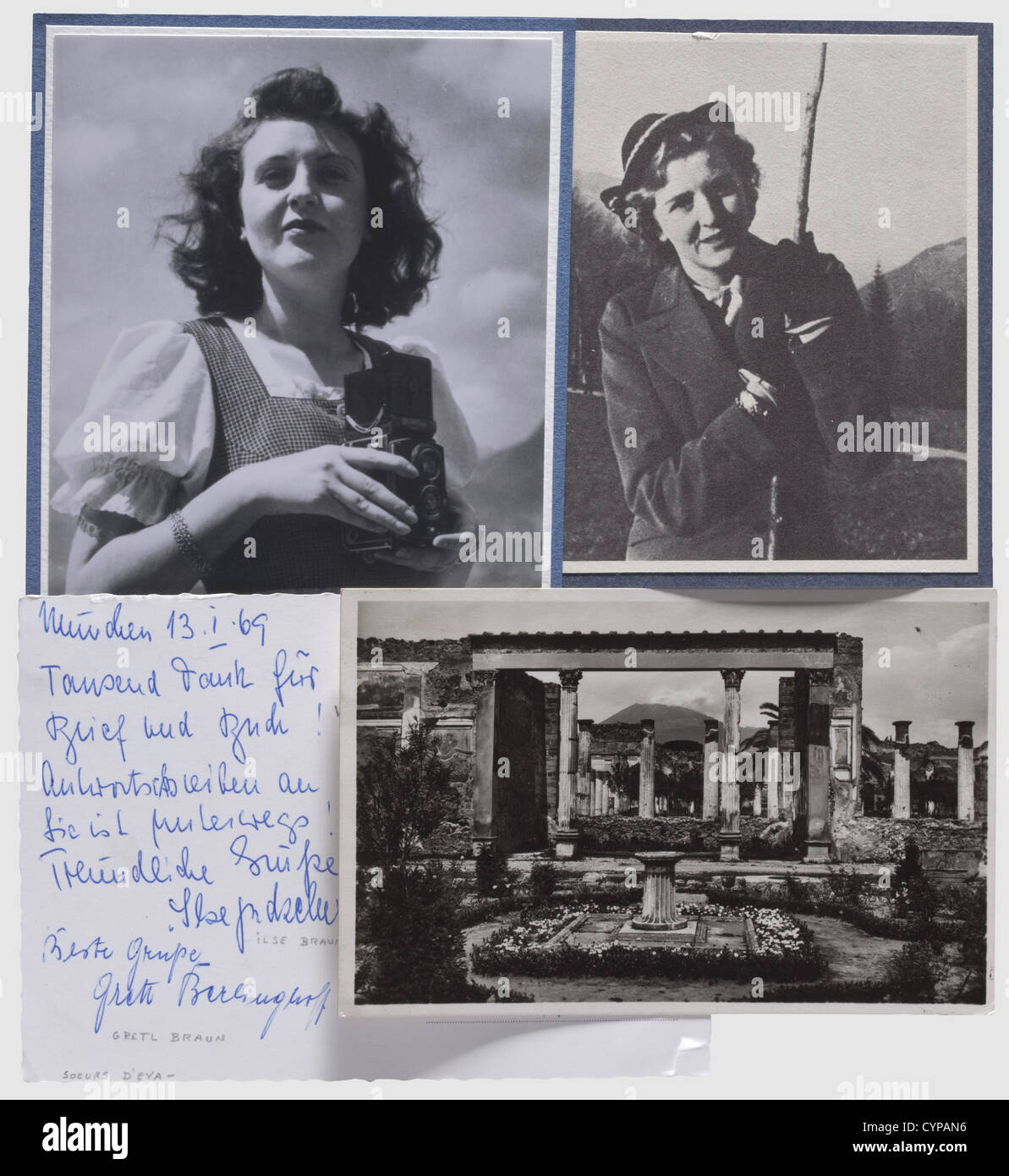 Eva Braun,Theo and Johanna Morell,A picture postcard("Haus of Pansa")from  Pompeii to Eva's mother Franziska Braun 1938. With Eva Braun's Mother's Day  congratulations handwritten in ink,signed "Cordial greetings!  Eva",underneath greetings from Marion and