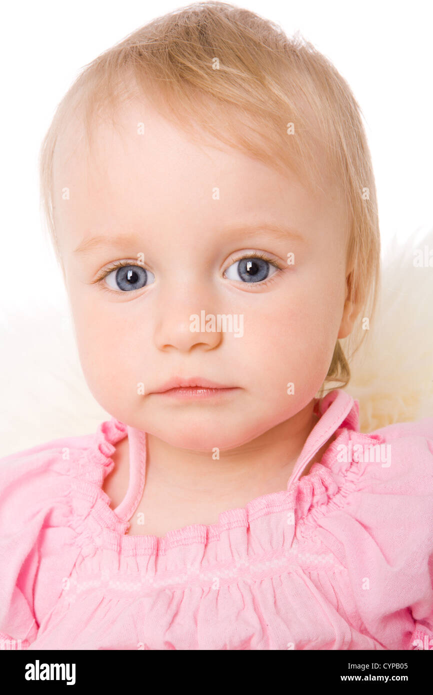 Close up portrait of little blond girl isolated on white Stock Photo ...