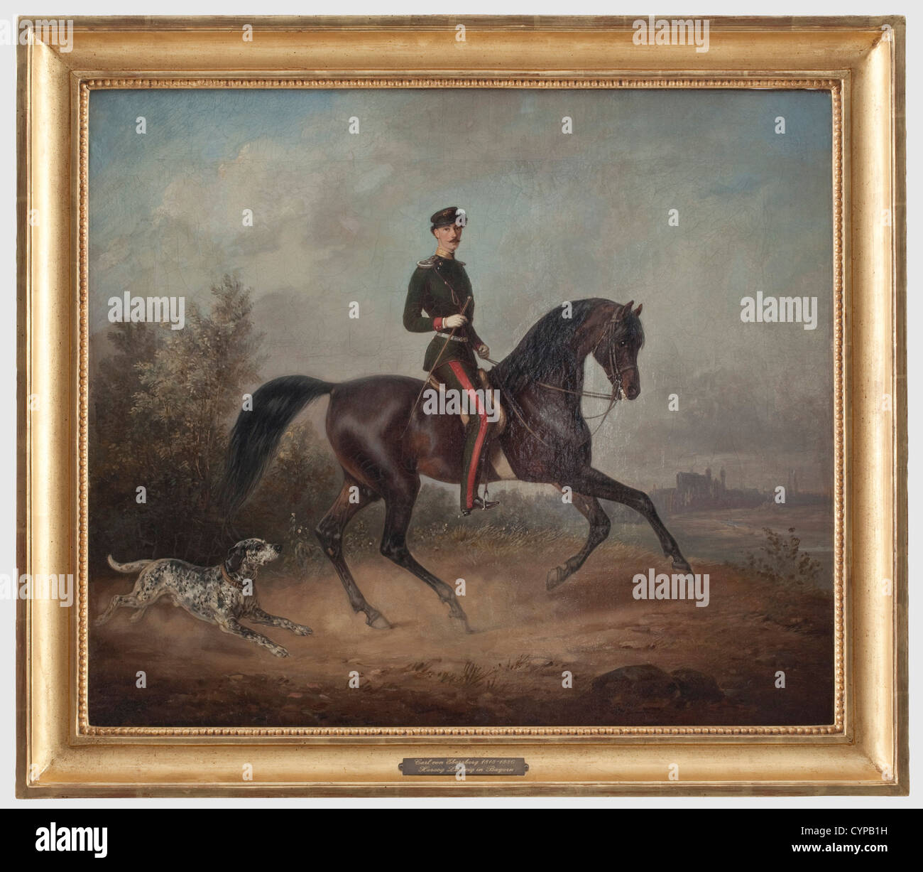 Carl Martin Edler von Ebersberg (1818 - 1880) - an equestrian portrait, of Duke Ludwig in Bavaria (1831 - 1920) as a major, 26 years of age, in the 1st Bavarian Chevaulegers regiment. Oil on canvas, signed and dated on the lower right 'Ebersberg 1857'. On the reverse side inscribed 'Herzog Ludvig in Bayern, Major in kgl. Bayr. I. Chevaulegers Regim.: Kaiser Alexander von Russland: Nürnberg 1857' (Duke Ludwig in Bavaria, major of the royal Bavarian I. Chevaulegers regiment: Kaiser Alexander of Russia: Nuremberg 1857). Some areas restored. Dimensions 57 x 67 cm, , Stock Photo