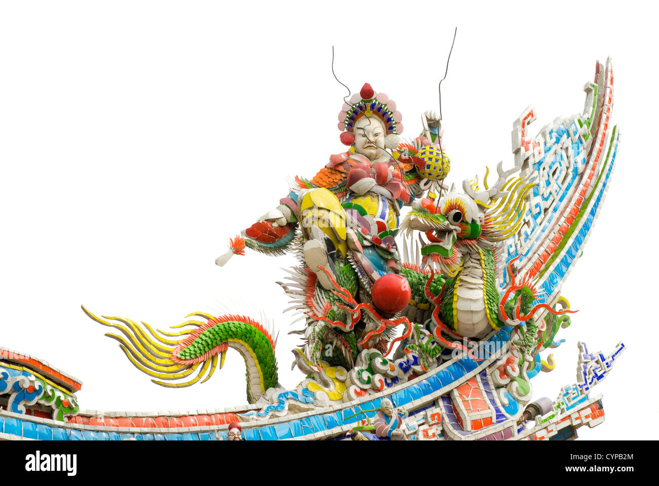 Color statue of Chinese god ride dragon on temple roof in white