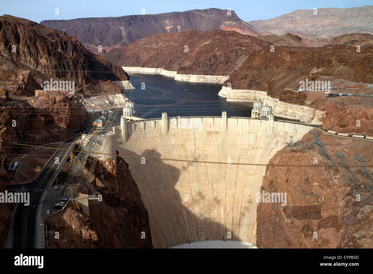 The Hoover Dam located in the Black Canyon of the Colorado River on the border between Arizona and Nevada, USA. Stock Photo
