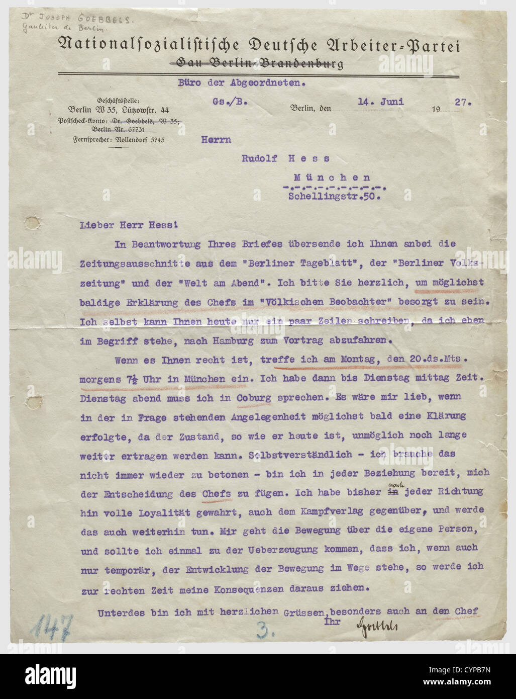 Joseph Goebbels,Signed Letter to Rudolf Heß dated 14 June 1927 Typewritten copy with printed letterhead 'Nationalsozialistische Deutsche Arbeiter=Partei - Gau Berlin-Brandenburg'.Goebbels sends Heß Berlin newspaper clippings for further transmission to 'Chef'(in reference to Hitler)regarding the(transl.)'matter in question' to be cleared up as quickly as possible '...because it will be impossible to endure current situation any longer...'.He closes obsequiously 'Of course ...I am prepared in all respects to yield to decision of Chief ...,Additional-Rights-Clearences-Not Available Stock Photo