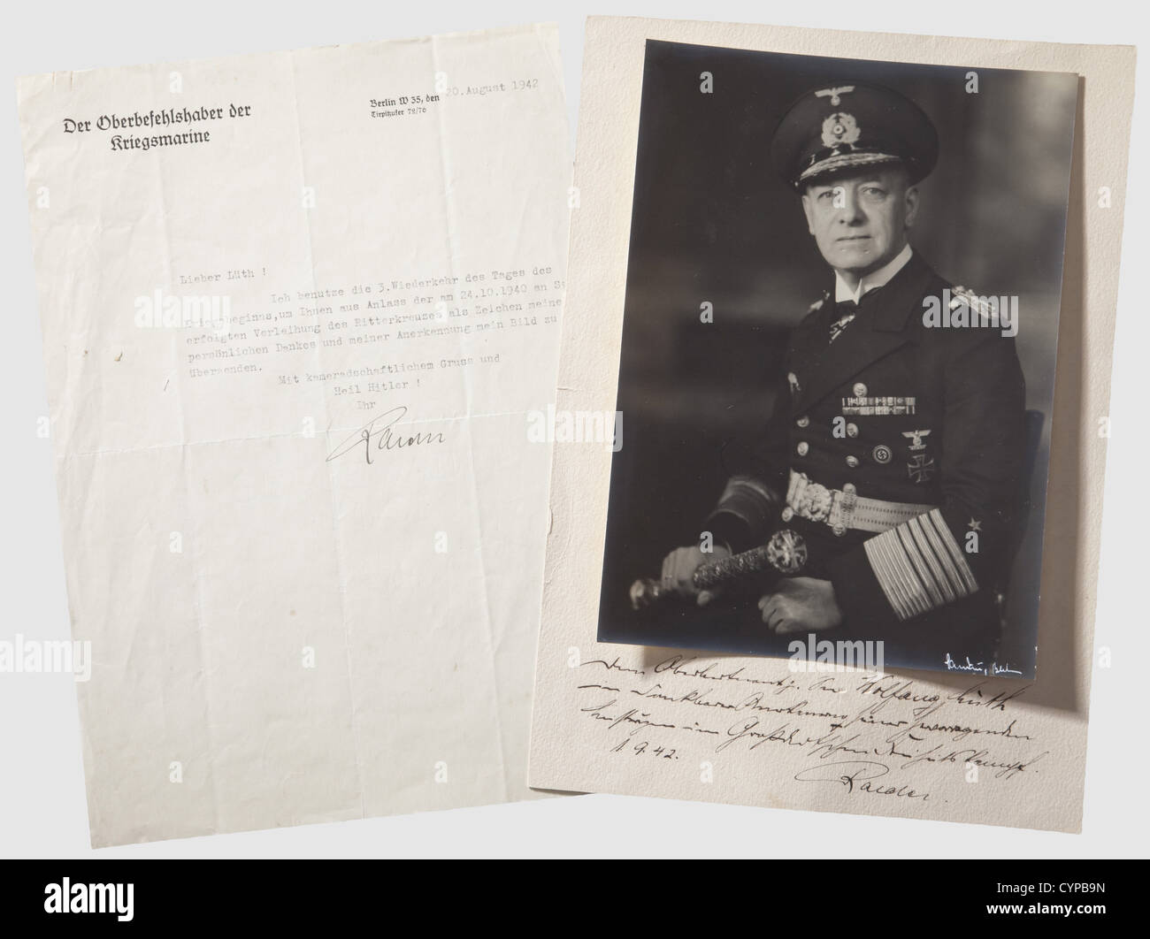 Grand Admiral Erich Raeder, An official photograph dedicated to U-boat Captain, Wolfgang Lüth The Kriegsmarine Commander in Chief in uniform with his Grand Admiral's baton, and wearing the Knight's Cross. The photographer's signature, 'Sandau, Berlin,' at the lowe people, 1930s, 20th century, navy, naval forces, military, militaria, branch of service, branches of service, armed forces, armed service, object, objects, stills, clipping, clippings, cut out, cut-out, cut-outs, man, men, male, Stock Photo