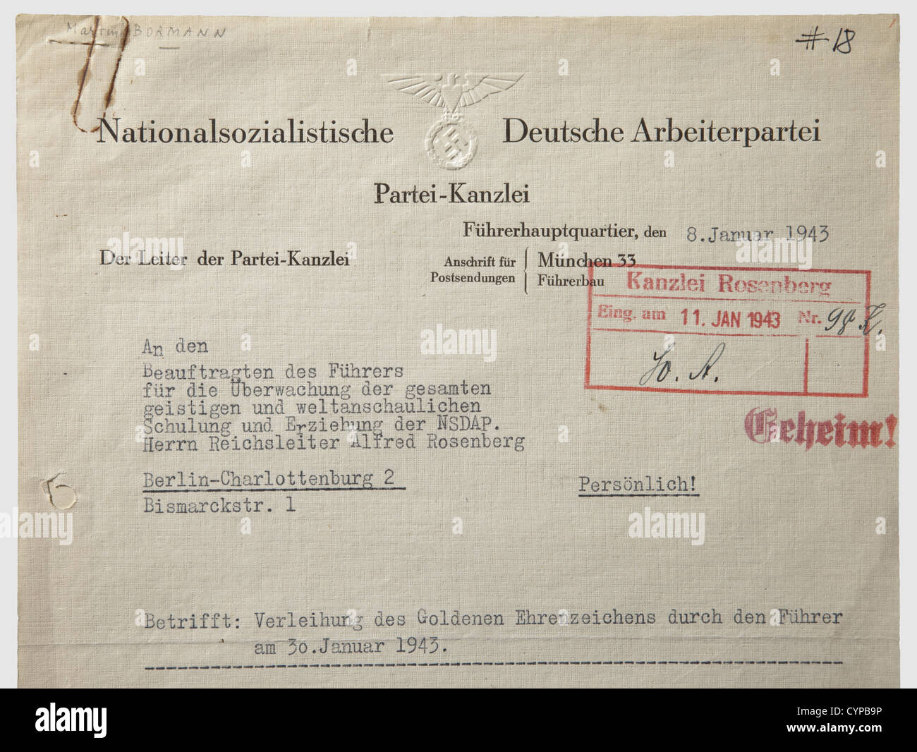 Martin Bormann, Confidential letter to Alfred Rosenberg 1943 'With reference to: the award of the golden badge of honour by the Stock Photo