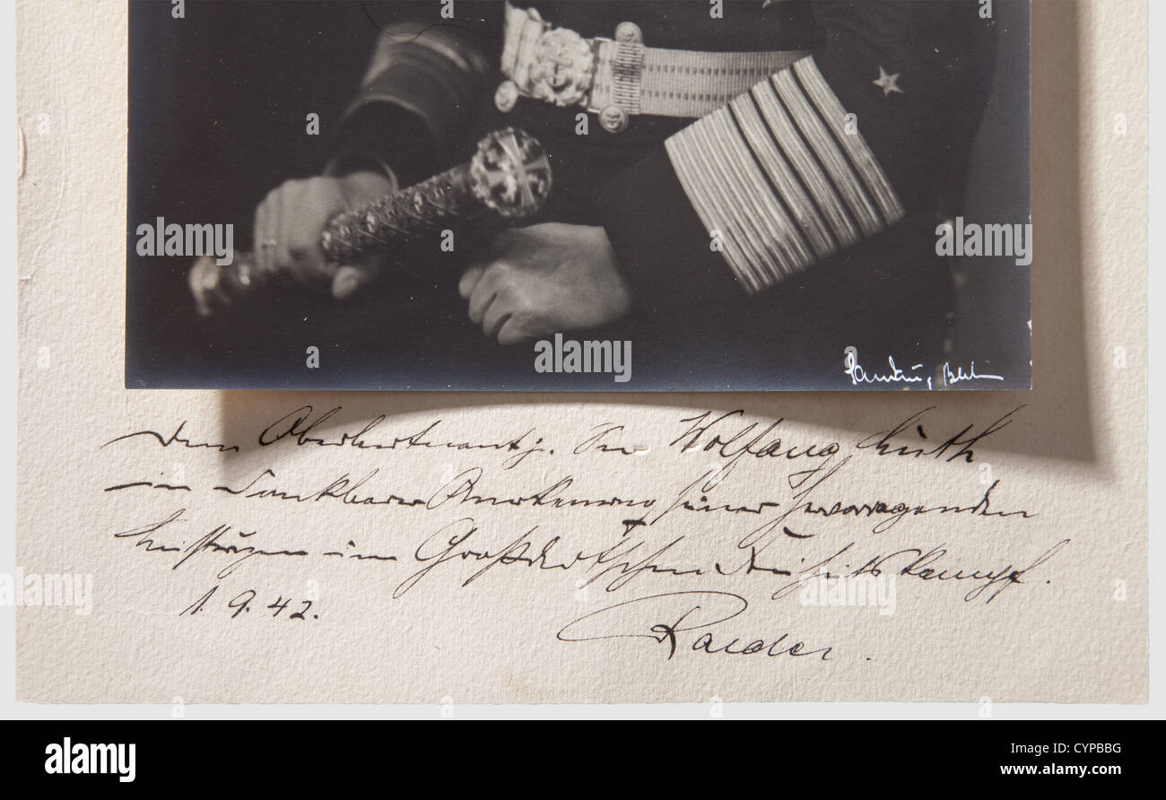 Grand Admiral Erich Raeder, An official photograph dedicated to U-boat Captain, Wolfgang Lüth The Kriegsmarine Commander in Chief in uniform with his Grand Admiral's baton, and wearing the Knight's Cross. The photographer's signature, 'Sandau, Berlin,' at the lowe people, 1930s, 20th century, navy, naval forces, military, militaria, branch of service, branches of service, armed forces, armed service, object, objects, stills, clipping, clippings, cut out, cut-out, cut-outs, Stock Photo