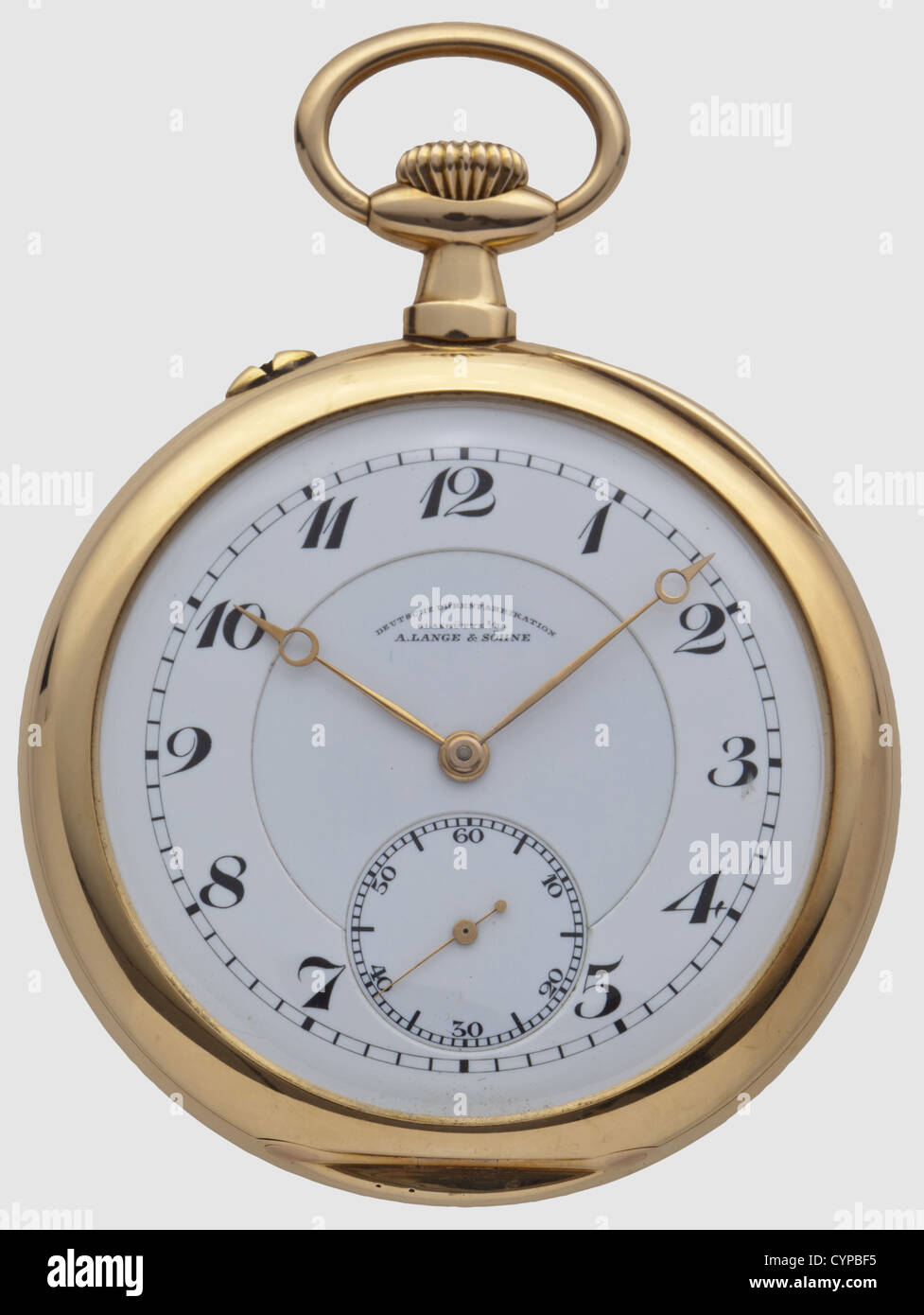 A gold savonette,Deutsche Uhrenfabrikation A. Lange & Söhne Glashütte in Sachsen'(German Watch Manufacture A. Lange & Sons,Glashütte in Saxony)circa 1914. 14 carat. Smooth case,white enamel dial,and precision movement no. 76328. Housing and dial inscribed as above. Gooseneck fine adjustment,and gold escapement lever and gold escapement wheel. Diameter 53 mm. In a gold-stamped leather case. Also a golden watch chain with a snap catch,ring,uncut seal and cameo,historic,historical,1910s,20th century,handicrafts,handcraft,craft,object,objects,sti,Additional-Rights-Clearences-Not Available Stock Photo
