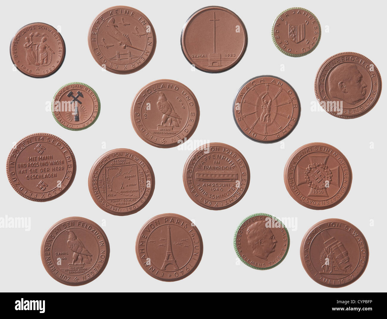 A collection of 16 porcelain medals,The state-owned porcelain manufactory in Meissen Brown Böttger stoneware,six medals partially highlighted in green or black paint.Commemoration medal for the chairman of the Deutscher Patriotenbund,a German patriotic association,Clemens Thieme,the "creator" of the Monument to the Battle of the Nations,42 mm in diameter."Der Friedensvertrag von Versailles - Die Schmach an der Ruhr"(The Treaty of Versailles - the Ruhr disgrace),50 mm in diameter."Deutschlands schwerste Zeit 1918 - 1923"(Germany's hardest times 1918 ,Additional-Rights-Clearences-Not Available Stock Photo