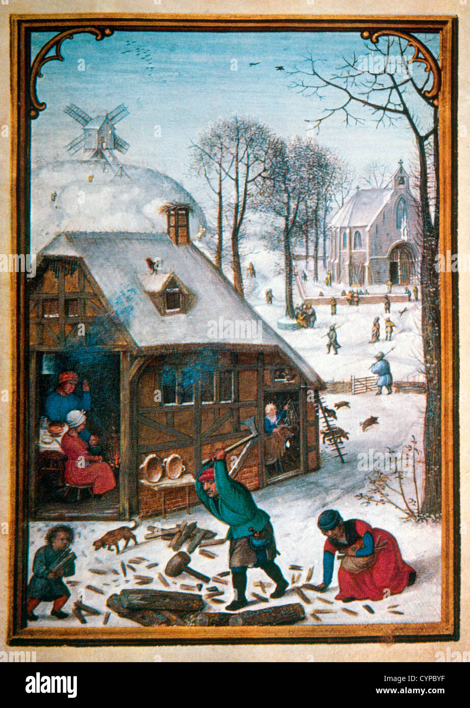 Famly Chopping Wood, January, Illustration from Flemish Prayer Book, Simon Bening, 1500's Stock Photo
