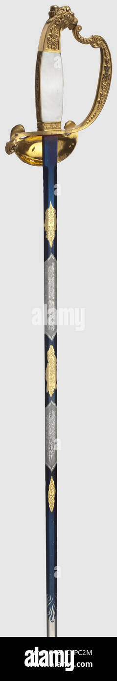 A Bavarian small sword for officials,Regency Period,1886 to 1912 Straight blade,etched,blued,and gilt for half its length,with the maker's inscription,'F.X. Gropper Augsburg' on the obverse side of the ricasso. Frosted gilt brass hilt with fine relief and mother-of-pearl grip scales. Black leather scabbard with gilded mountings. Length 97 cm,historic,historical,1910s,20th century,19th century,Bavaria,Bavarian,German,Germany,Southern Germany,the South of Germany,object,objects,stills,militaria,clipping,cut out,cut-out,cut-outs,thrustin,Additional-Rights-Clearences-Not Available Stock Photo