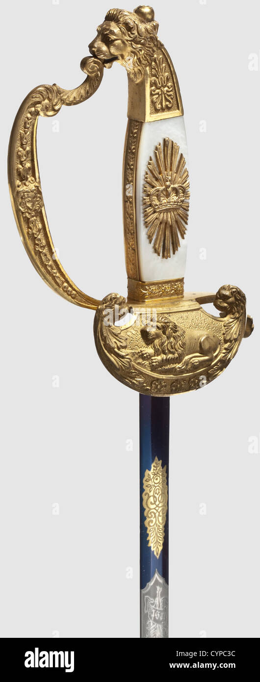 A Bavarian small sword for officials,Regency Period,1886 to 1912 Straight blade,etched,blued,and gilt for half its length,with the maker's inscription,'F.X. Gropper Augsburg' on the obverse side of the ricasso. Frosted gilt brass hilt with fine relief and mother-of-pearl grip scales. Black leather scabbard with gilded mountings. Length 97 cm,historic,historical,1910s,20th century,19th century,Bavaria,Bavarian,German,Germany,Southern Germany,the South of Germany,object,objects,stills,militaria,clipping,cut out,cut-out,cut-outs,thrustin,Additional-Rights-Clearences-Not Available Stock Photo