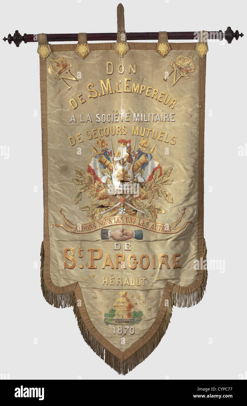 Emperor Napoléon III,A presentation banner 1870 Light green painted silk surrounded with a golden fringe and the inscription,'Don de S.M l'Empereur à la Société Militaire de Secours Mutuels de St. Pargoire,Hérault,1870'(Gift from H.M. the Emperor to the St. Pargoire Military Society for Mutual Aide,Hérault,1870). The golden crowned cipher 'N' is in the upper corners,a trophies of war the centre(damaged,defects)with the cross of the Légion d'Honneur and a scroll,reading 'Aidons nous les uns les autres'(Let's help each other)above two intertwined ha,Additional-Rights-Clearences-Not Available Stock Photo